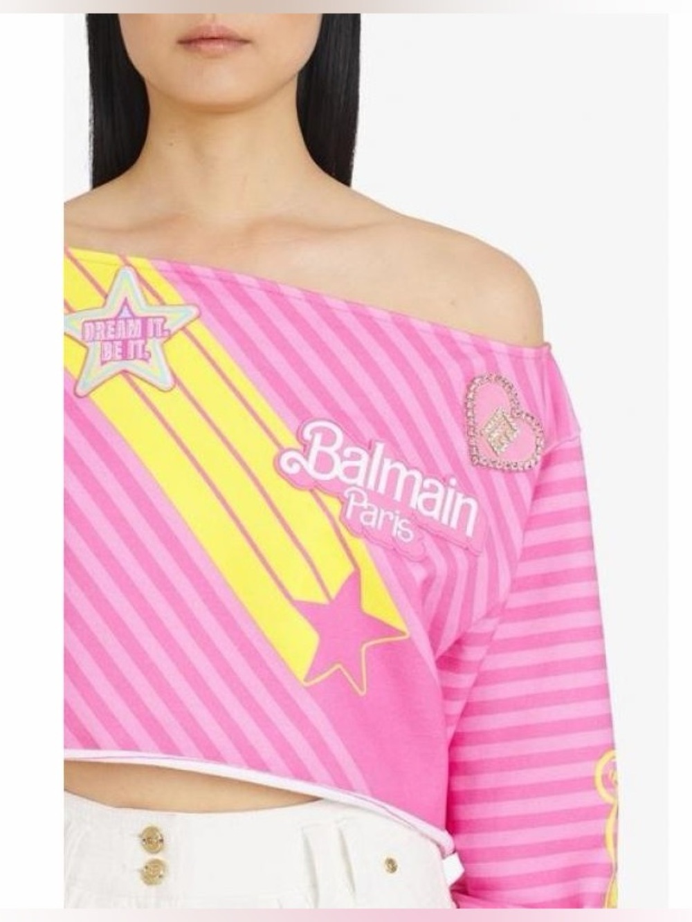 Balmain x Barbie Pink Cotton Off-The Shoulder Crop Top - Picture 6 of 9